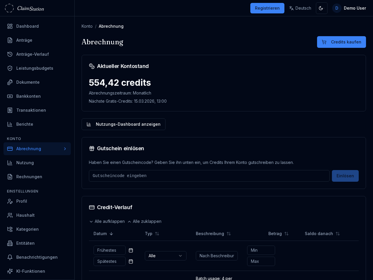 ClaimStation Abrechnungsseite